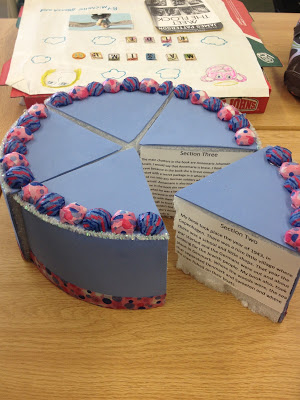 A purple birthday cake made out of a foam block press colored papers cut into wooden. Go each wedge a a written paragraph.